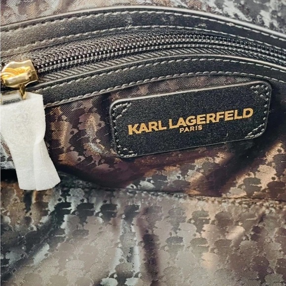 NWT Women KARL LAGERFELD Long Black Genuine Leather Satchel East West Bag Charms - Picture 7 of 15